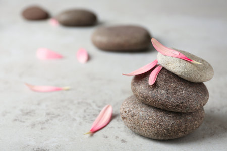 Stacked spa stones with flower petals on gray table. Space for text
