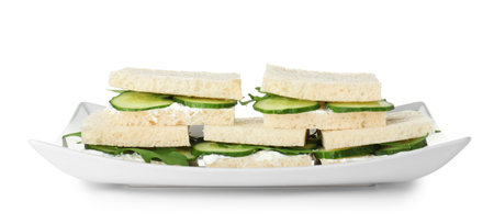 Plate with cucumber sandwiches isolated on whiteの写真素材