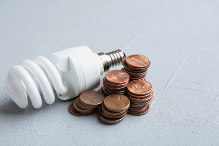 Light bulb and many coins on tableの写真素材