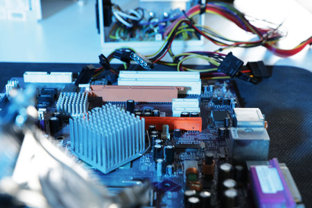 Motherboard on table, closeup. computer repair service