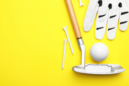 Set of golf equipment on color background, flat lay. Space for textの写真素材