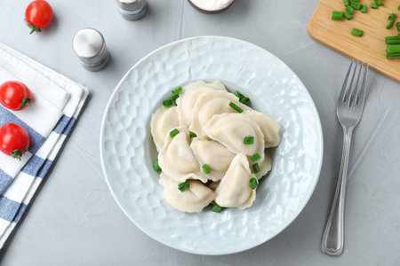 Flat lay composition with tasty dumplings served on gray tableの写真素材