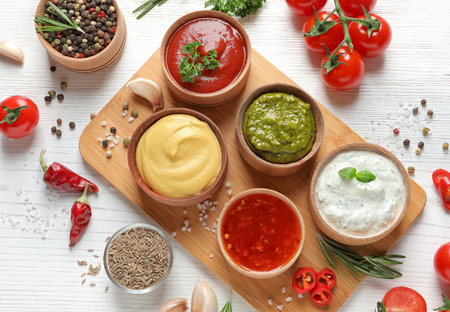 Flat lay composition with different sauces and ingredients on white wooden background