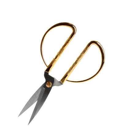 Pair of sharp sewing scissors on white backgroundの写真素材