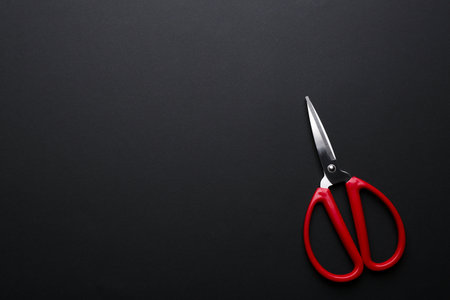 Pair of sharp scissors on dark background, top view. Space for textの写真素材