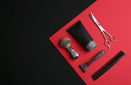 Set of barber's equipment and men's cosmetic product on color background, flat lay. Space for text
