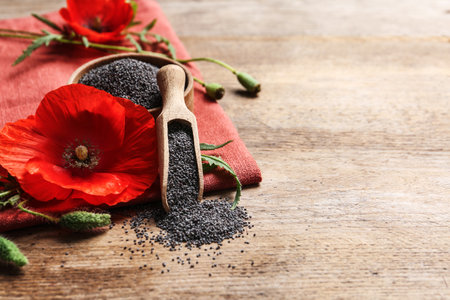 Composition with poppy seeds and flower on wooden table, space for textの写真素材