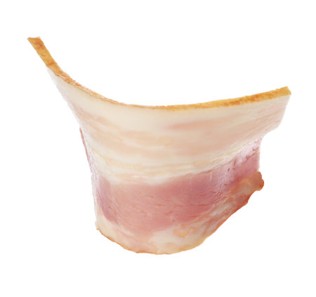 Cut fresh tasty bacon on white backgroundの写真素材