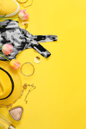 Flat lay composition with clothes and accessories on color background, space for text. trendy spring lookの写真素材