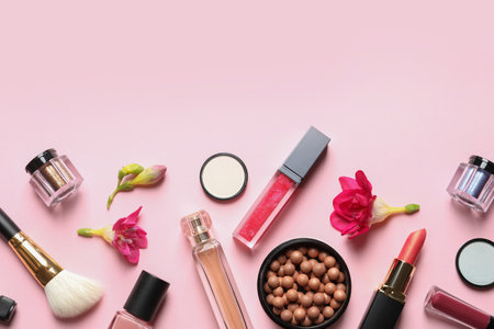 Different makeup products with flowers on color background. Space for textの写真素材