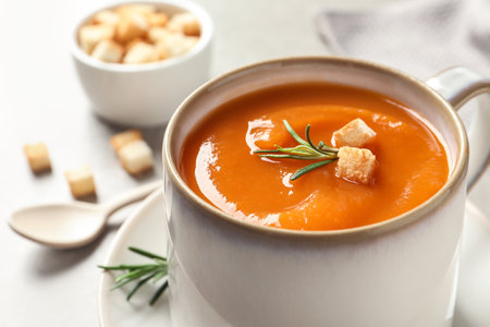 Mug of tasty sweet potato soup on table, closeupの写真素材