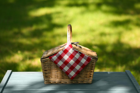 Wicker basket with blanket on table in park. summer picnicの写真素材