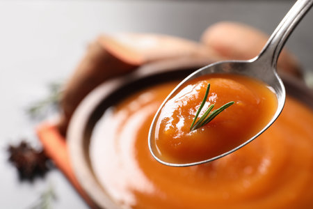 Spoon with tasty sweet potato soup over table, closeup. Space for textの写真素材