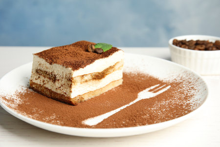 Plate of tiramisu cake on white tableの写真素材