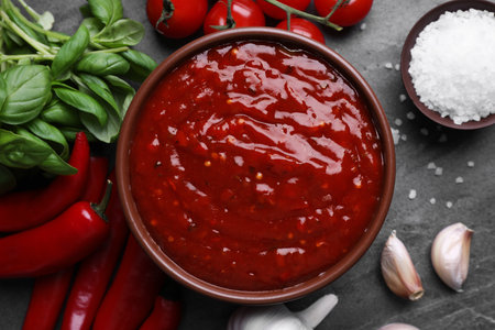 Bowl of chili sauce and ingredients on gray table, top viewの写真素材