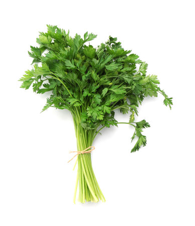 Bunch of fresh parsley isolated on white, top viewの写真素材