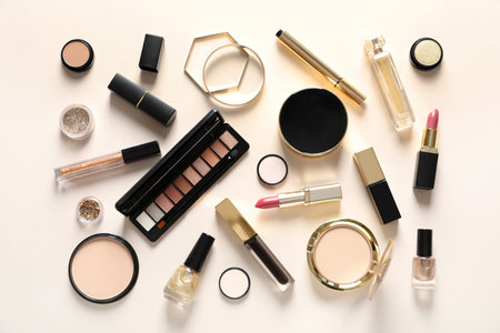 Set of luxury makeup products on color background, flat layの写真素材