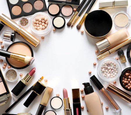 Different luxury makeup products on white background, top view. Space for textの写真素材