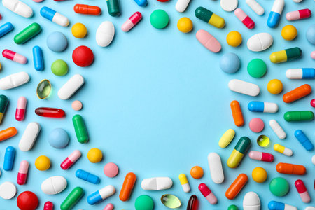 Frame made of pills on color background, flat lay with space for text