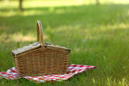 Wicker basket with blanket on green grass in park, space for text. summer picnicの写真素材