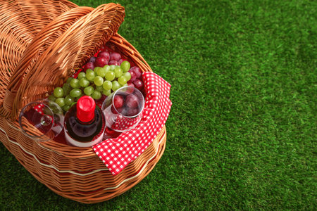Picnic basket with wine and grapes on grass, space for textの写真素材