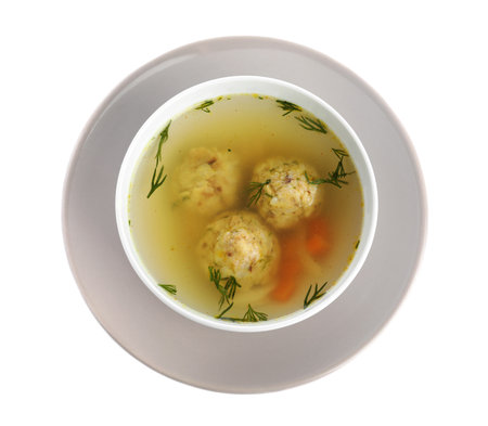 Bowl of Jewish matzoh balls soup isolated on white, top viewの写真素材