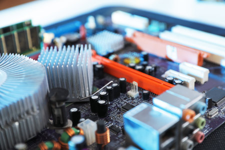 Close up view of motherboard. computer repair service