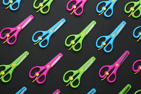 Set of training scissors on dark background, flat layの写真素材