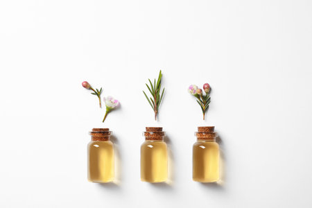 Flat lay composition with bottles of natural tea tree oil on white backgroundの写真素材