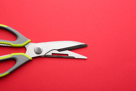 Kitchen scissors on color background, top view. Space for textの写真素材