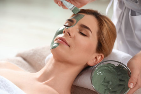 Cosmetologist applying mask onto woman's face in spa salonの写真素材