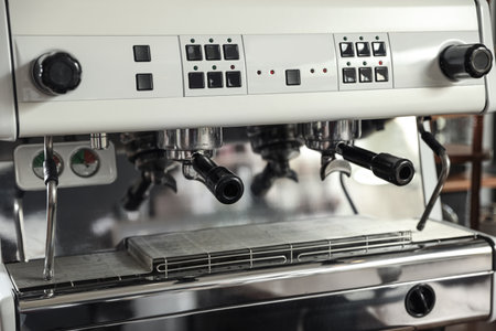 Modern coffee machine with portafilters, closeup viewの写真素材