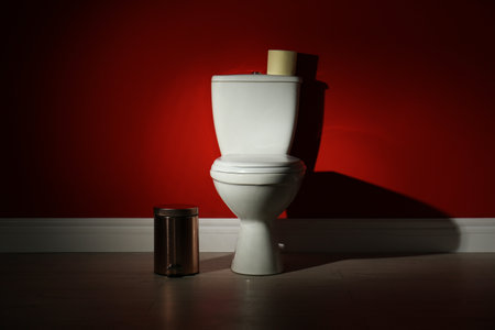 Toilet bowl with paper roll and trash bin in restroomの写真素材