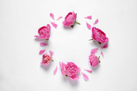 Frame made with fresh peonies on white background, top view. Space for textの写真素材