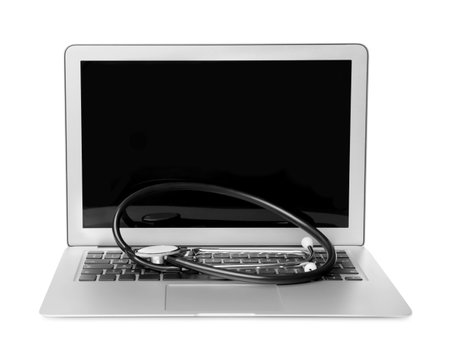 Laptop with blank screen and stethoscope on white background. computer repairの写真素材