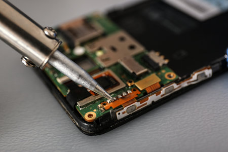 Repairing broken smartphone with soldering iron on table, closeup. Space for textの写真素材