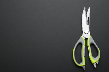 Kitchen scissors on dark background, top view. Space for text
