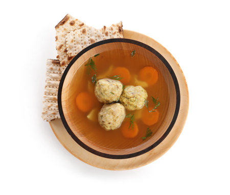 Bowl of Jewish matzoh balls soup isolated on white, top viewの写真素材