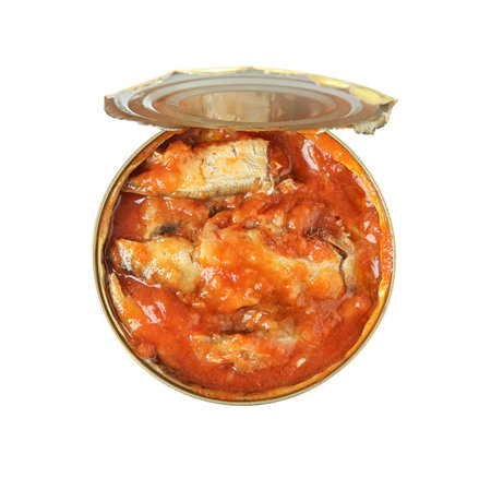 Open tin can of fish in tomato sauce isolated on white, top viewの写真素材