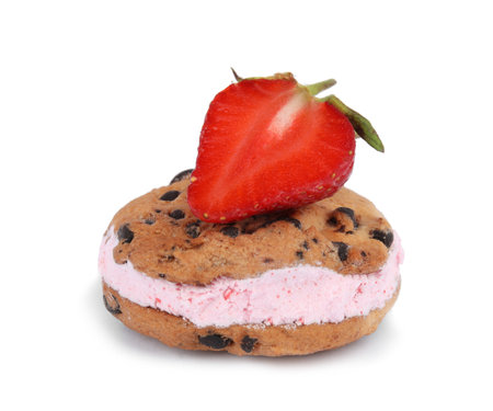Sweet delicious ice cream cookie sandwich and strawberry on white backgroundの写真素材