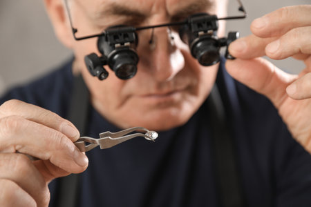 Male jeweler evaluating precious gemstone in workshop, closeupの写真素材