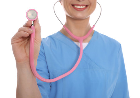 Medical doctor with stethoscope isolated on white, closeupの写真素材