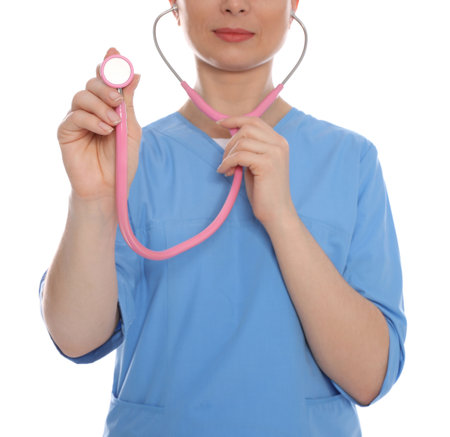 Medical doctor with stethoscope isolated on white, closeupの写真素材