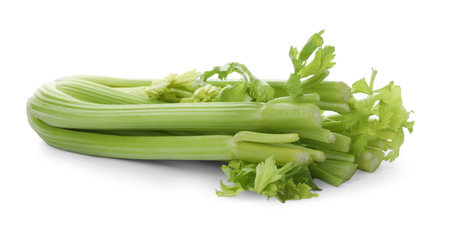 Fresh ripe green celery isolated on whiteの写真素材