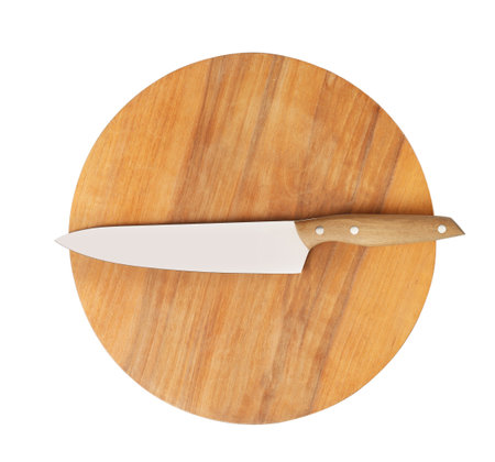 Sharp chef's knife with wooden board isolated on white, top viewの写真素材