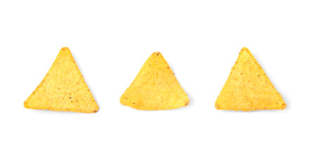 Tasty Mexican nachos chips on white background, top view