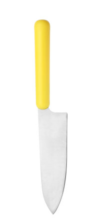 Sharp chef's knife with yellow handle on white backgroundの写真素材