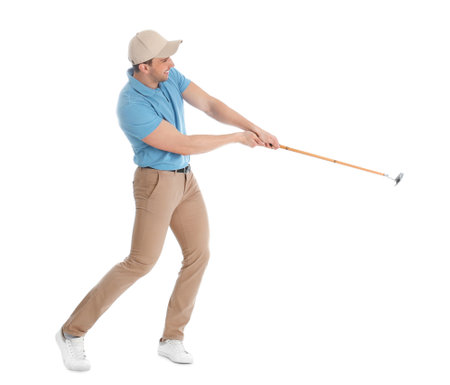 Full length portrait of man with golf club isolated on whiteの写真素材