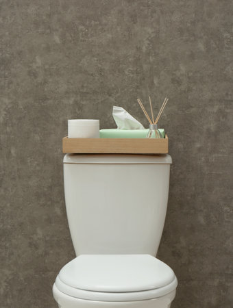 Tray with roll of paper, napkins and reed air freshener on toilet tank near gray wall. bathroom...