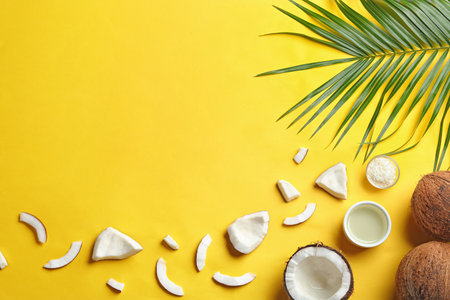 Bowl of natural organic oil and coconuts on yellow background, flat lay. Space for textの写真素材